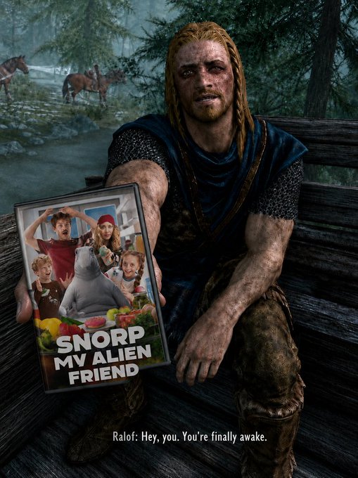 A battle-scarred Viking character named Ralof, from the video game Skyrim, sits on a wooden bench and holds up a DVD case for "Snorp My Alien Friend" while delivering the iconic line "Hey, you. You're finally awake." The meme humorously replaces the typical post-ambush scene in Skyrim with Ralof presenting the children's film as a satirical "generational wealth" acquisition, playing on the unexpected, absurd encounter.