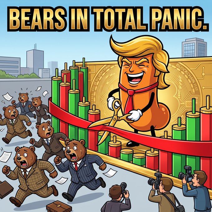 A cartoon illustration titled "BEARS IN TOTAL PANIC" showing a character resembling Donald Trump cutting a ribbon on a large Bitcoin, while bears in business suits run away in panic.