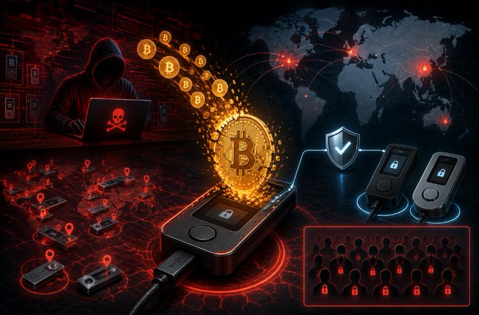 A dramatic cryptocurrency security illustration depicting a hooded hacker with a skull laptop, a glowing Bitcoin emerging from a hardware wallet, scattered location-marked devices, security keys, and a network of locked user profiles against a red-toned world map background.