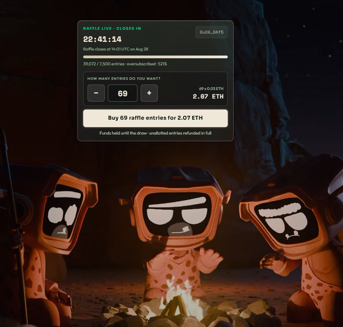 A screenshot of a digital raffle interface titled 'RAFFLE LIVE - CLOSES IN 22:41:14', showing the purchase of 69 entries for 2.07 ETH, overlaid on an image of three 3D characters sitting around a campfire.