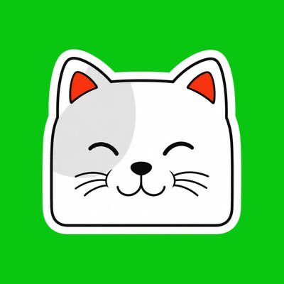 A cartoon illustration of a smiling white cat face with closed eyes, pink ears, and whiskers displayed on a bright green background, styled like a square app icon with a white border.
