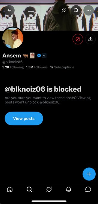 The image shows a blocked Twitter profile for "@blknoiz06" (Ansem) with 1.3M followers and 12 subscriptions, matching the caption's mockery of his suspicious follower count. The post expresses frustration over this crypto influencer expanding his "extraction team" across platforms, with the blocked screen ironically reinforcing the contentious relationship between the poster and Ansem.