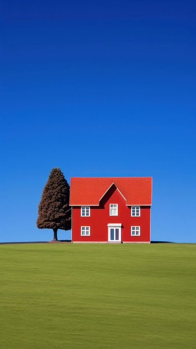 A red house with a matching red roof and a single evergreen tree on a green grassy hill against a clear blue sky.