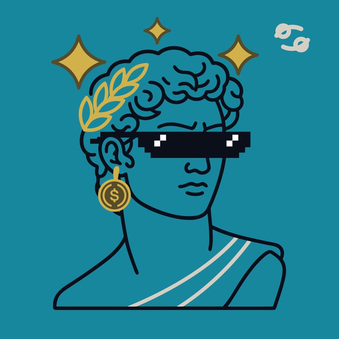 A stylized illustration of a classical Greek statue bust wearing "deal with it" pixelated sunglasses, a gold laurel wreath, and a dollar-sign earring, with floating sparkles and a chain link icon in the background. The image reinforces the post's message of patiently waiting and being "ready when they are" for suitable RWAs (real-world assets) on Arc—conveying a confident, prepared stance as the RWA Treasury continues to accumulate.