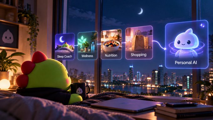 A cozy bedroom scene at night featuring a green cartoon character plushie on a bed, with floating UI cards for Sleep Coach, Wellness, Nutrition, Shopping, and Personal AI apps set against a city skyline view.