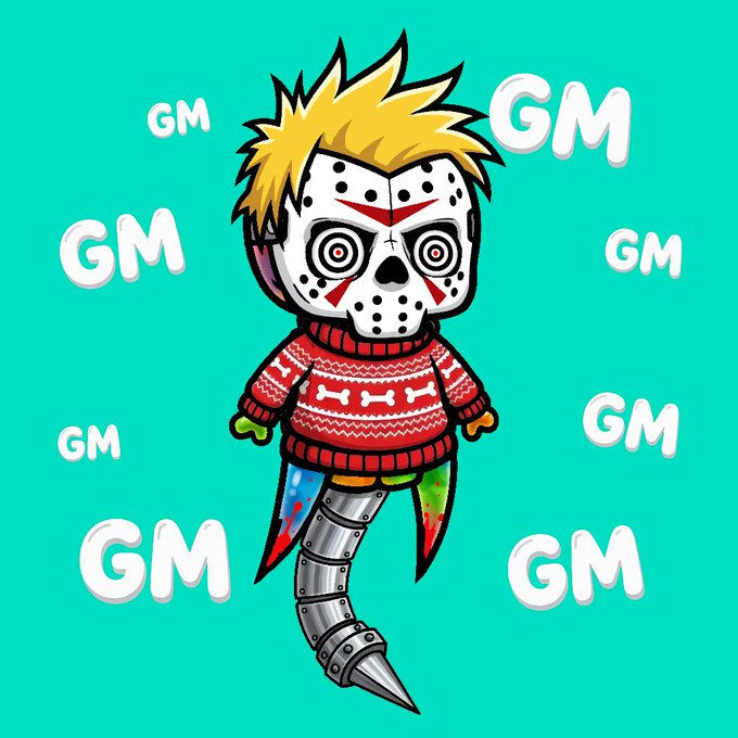 A cartoon zombie character with a hockey mask, spiky blonde hair, and a drill for a leg wears a red sweater decorated with bones, surrounded by repeated "GM" text on a teal background, complementing the post's playful Sunday greeting and Halloween-themed NFT promotion.