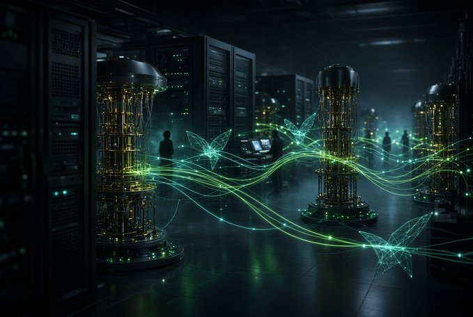 Futuristic sci-fi scene of a dark data center or server room with cylindrical quantum-looking machines emitting glowing green light trails and butterfly-shaped energy patterns.