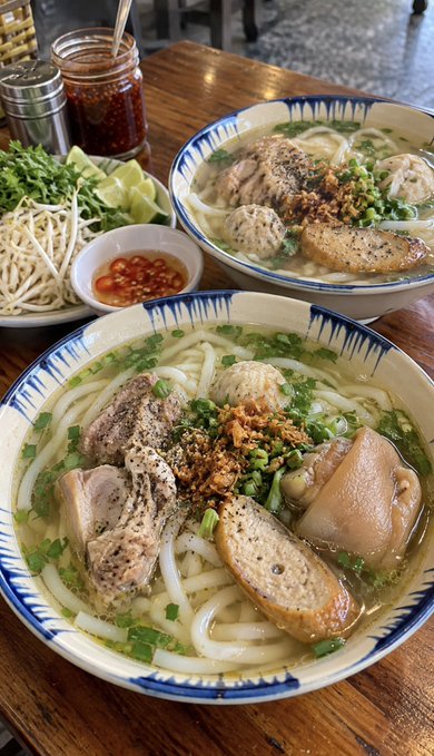 Two steaming bowls of Vietnamese phở are served on a wooden table, featuring thick rice noodles in a clear broth topped with meatballs, sliced pork, pork knuckle, and crispy fried shallots, accompanied by a side plate of fresh bean sprouts, herbs, lime, and chili sauce with a jar of chili paste nearby—perfectly capturing the cozy, energizing meal the post celebrates for welcoming October.