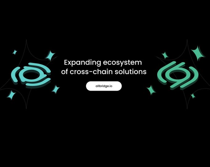 A dark graphic with the text 'Expanding ecosystem of cross-chain solutions' and 'allbridge.io' displayed between two stylized teal/green circular logos with sparkle accents.