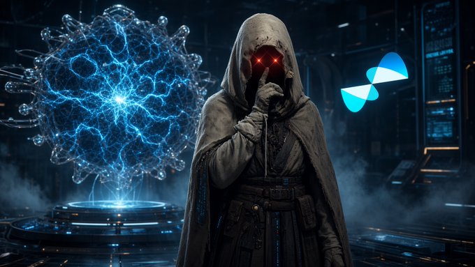 A hooded figure with glowing red eyes stands in a sci-fi setting next to a glowing blue energy sphere, with the SkyBridge AI logo visible on the right.