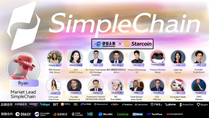 The image features a poster for a conference called "Simplechain" that was held at a space named "RWA-focused Space". The poster includes various logos and text, such as the words "Simplechain", "Starcoin", and "RWA". It also displays several people's names along with their respective roles. The main focus of the image is to promote an event where industry leaders gathered to discuss the future of Real World Assets (RWA) and the convergence of TradFi and blockchain technology, as well as the role of RWA in this new era.
