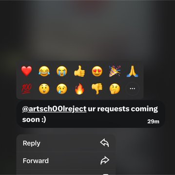 A dark-themed messaging app screenshot showing an emoji reaction menu and a message from '@artsch00lreject' reading 'ur requests coming soon :)'.