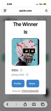 A mobile screenshot from xpickr.com showing a 'The Winner is' page featuring a robot/Minecraft character with 'D33J' as the winner, along with Profile and Share buttons.