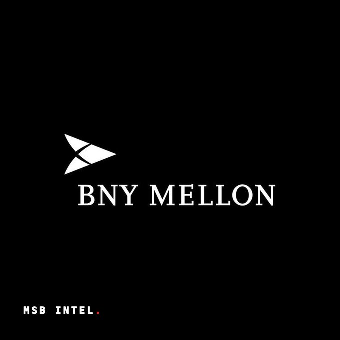 A black background features the white BNY Mellon logo and wordmark, with a small "MSB INTEL." credit in the bottom-left corner, visually anchoring the breaking news about BNY's launch of the HYBOND tokenized high-yield bond fund on BNB Chain.