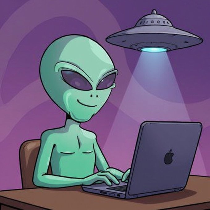 A cartoon illustration of a green alien smiling while typing on a MacBook laptop as a UFO beams light down from above.