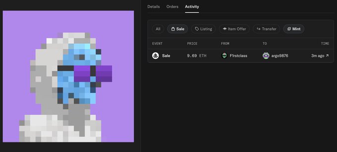 The image shows an NFT transaction history for a pixelated 8-bit argonaut character with a purple background, displaying a sale event where the item was sold for 9.69 ETH by user Firstclass to user argo9876 3 minutes ago.
