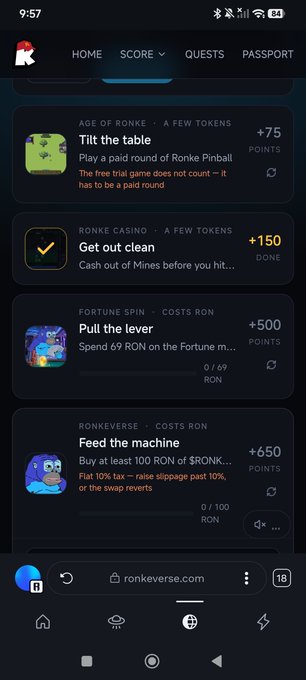 A mobile screenshot from Ronkeverse.com displays a quests page with tasks like 'Tilt the table' (+75 points), 'Get out clean' (+150 done), 'Pull the lever' (+500), and 'Feed the machine' (+650).