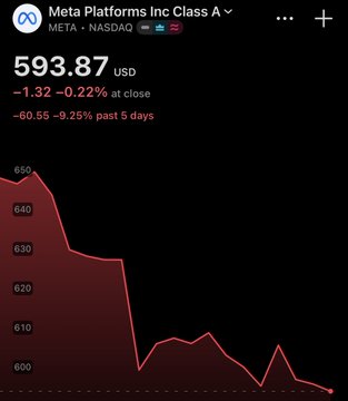 Meta Platforms (META) shares closed at $593.87, down $1.32 (-0.22%), with the stock chart showing a sharp decline from highs above $660 to its current level—a visual representation of the company's historic 8-day losing streak.