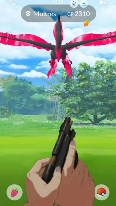 A first-person view of a Pokémon GO Raid Battle against a shiny Moltres (CP 2310), with the player's hands holding a gun at the bottom of the screen.