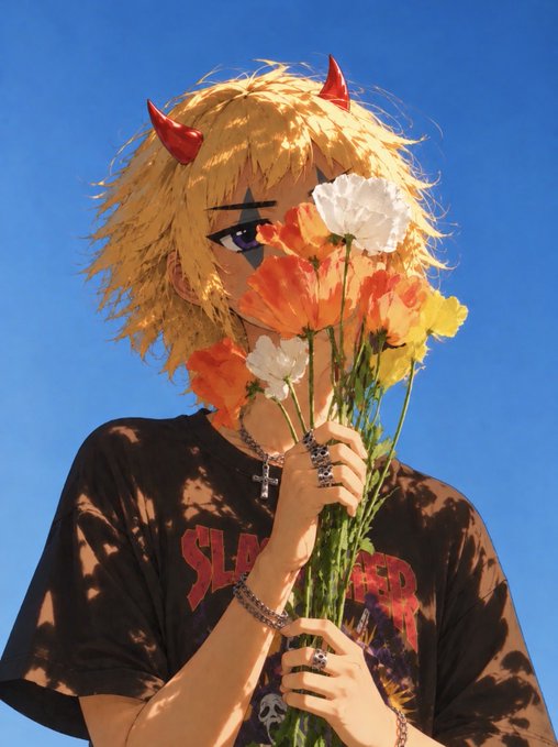 An anime-style character with blonde hair, red devil horns, and a black Slayer t-shirt holding a bouquet of orange, yellow, and white flowers that partially obscure their face against a clear blue sky.