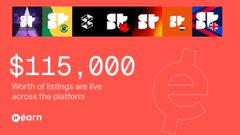 A graphic showing '$115,000' worth of listings live across a platform, with logos at the top and the 'earn' branding.