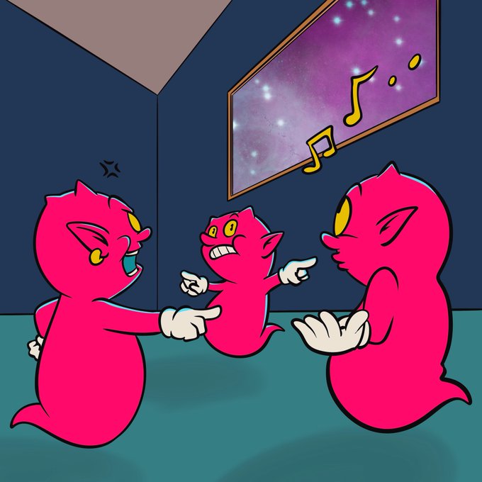 A cartoon shows three pink devil-like creatures in a room, with one pointing upward at a framed picture of a starry sky while music notes float out.