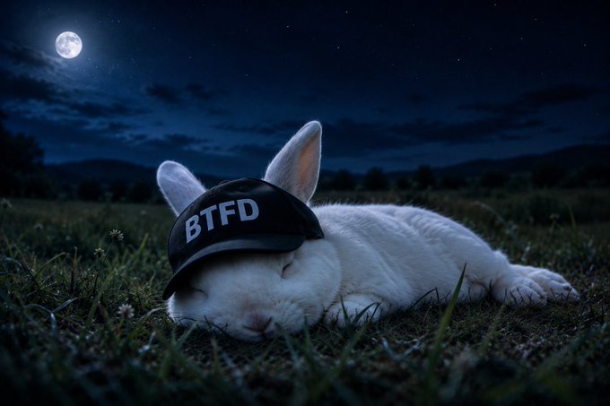 A white rabbit sleeps in grass at night under a full moon, wearing a black cap with 'BTFD' printed in white letters.