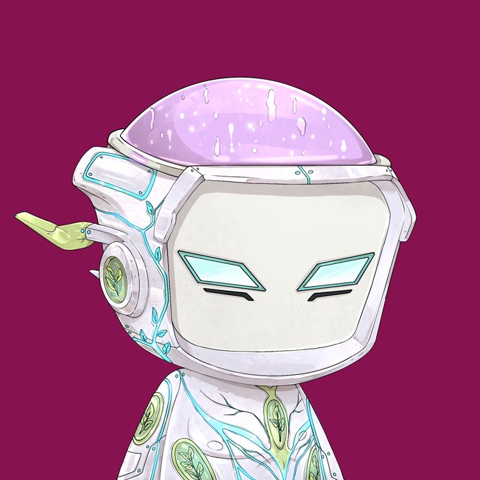 Digital illustration of a chibi-style robot character with a transparent purple dome head and white armor detailed with green botanical patterns, set against a magenta background.