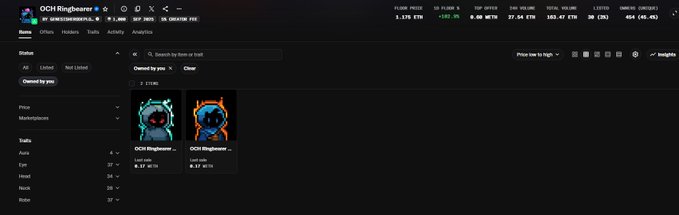 A dark-themed NFT marketplace interface showing 'DCH Ringbearer' collection with two listed items priced at 0.37 WETH each, displaying metrics like FLOOR PRICE 1.375 ETH.