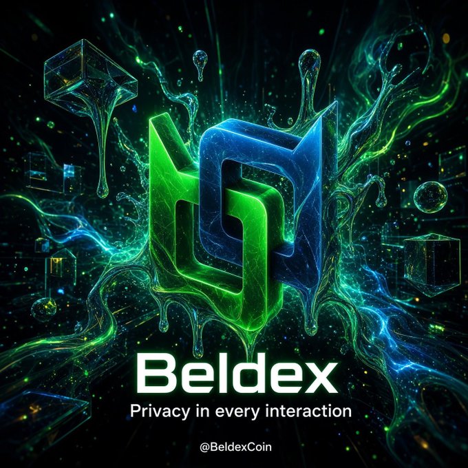 Promotional graphic for Beldex cryptocurrency with the tagline 'Privacy in every interaction' and handle @BeldexCoin, featuring a glowing 3D green and blue logo surrounded by liquid effects.