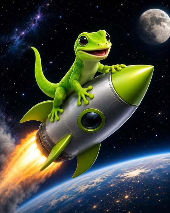 A vibrant AI-generated illustration of a cute green gecko riding a rocket through outer space with Earth and the moon in the background.