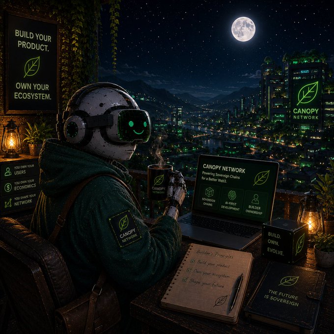 Futuristic promotional artwork for 'Canopy Network' featuring a person in a VR headset working on a laptop, with text reading 'BUILD YOUR PRODUCT. OWN YOUR ECOSYSTEM.' and 'THE FUTURE IS SOVEREIGN' under a full moon cityscape.