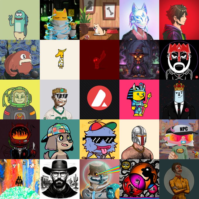 A 5x5 grid collage featuring various NFT profile pictures and digital character art, including avatars, a wizard, and cartoon-style figures.