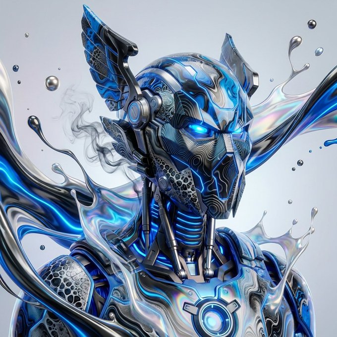 A digital artwork depicts a futuristic, metallic robotic figure with glowing blue eyes and intricate mechanical details, surrounded by swirling, iridescent blue and silver liquid-like splashes.