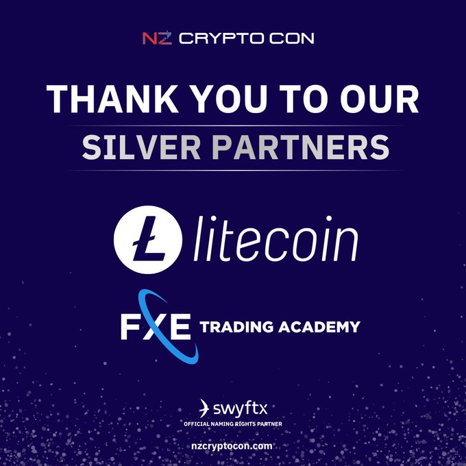 A promotional graphic for NZ Crypto Con 2026 thanking Silver Partners Litecoin (LTC) and FXE Trading Academy, with Swyftx noted as the official naming rights partner. The image visually reinforces the post's appreciation message, highlighting the organizations supporting New Zealand's digital asset ecosystem.