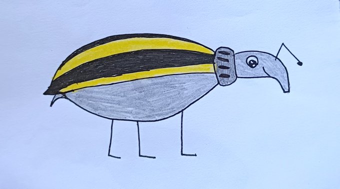 A child's hand-drawn picture of a creature resembling a beetle or armadillo with yellow and black striped shell, a gray body, an elephant-like trunk, and thin stick legs.