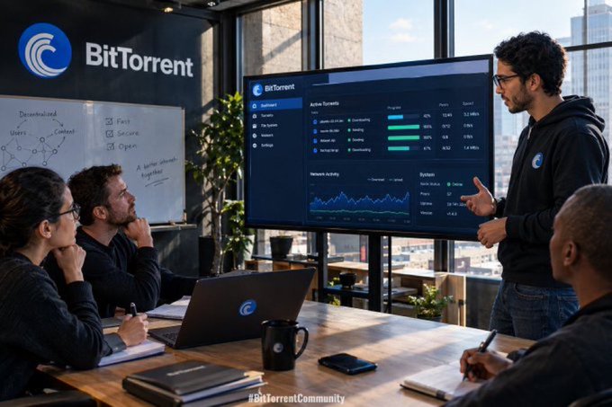 A BitTorrent team meeting where a presenter stands before a dashboard showing active torrents, progress bars, and network statistics, while colleagues take notes at a laptop-adorned table.

The image visualizes the post's case for distributed infrastructure by showcasing BitTorrent's decentralized model in action—a team monitoring a torrent dashboard with active downloads, seeders, and peer-to-peer network activity, illustrating how data delivery and compute can function outside centralized providers through collaborative, peer-based systems.
