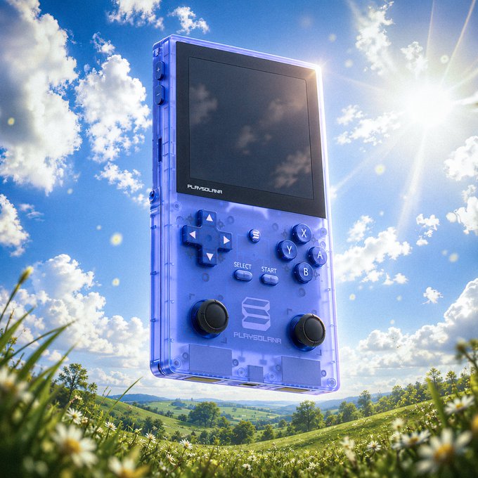A translucent purple handheld gaming console branded "PLAYSOULANA" floats against a bright sunny sky over a green meadow, with the 👾 emoji perfectly capturing its retro gaming aesthetic.