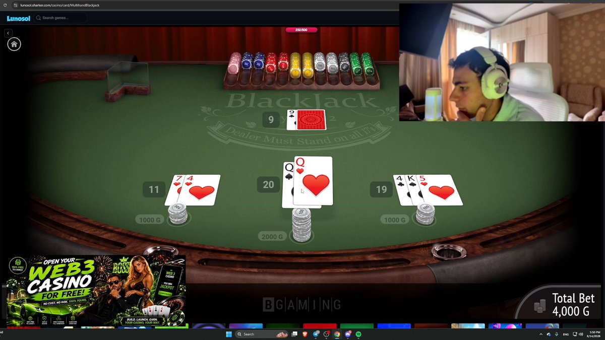 The image features a close-up of someone playing blackjack, possibly at a casino or in front of a computer screen displaying gameplay. The person is wearing headphones and appears to be concentrating intently on the game, which has already claimed their first big win with $200 from a player named @Sharker who posted the picture on social media. This post includes text about the "blessing" that the person won, with other players congratulating them via likes or follows on Twitter and Facebook. The image also contains text indicating the presence of "@luno_sol1".