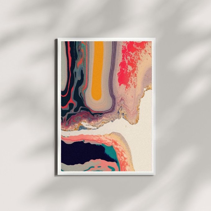 The image features a square poster with an abstract design, including various shades of pink, blue, yellow, and black. The poster has been folded over at the top, revealing its contents. The background color of the poster appears to be white, which contrasts with the vibrant colors used in the design. The text "Ink Essence" is written on the bottom right corner of the poster, while the post "@opensea - 0.0044 ETH" is located at the top left corner.