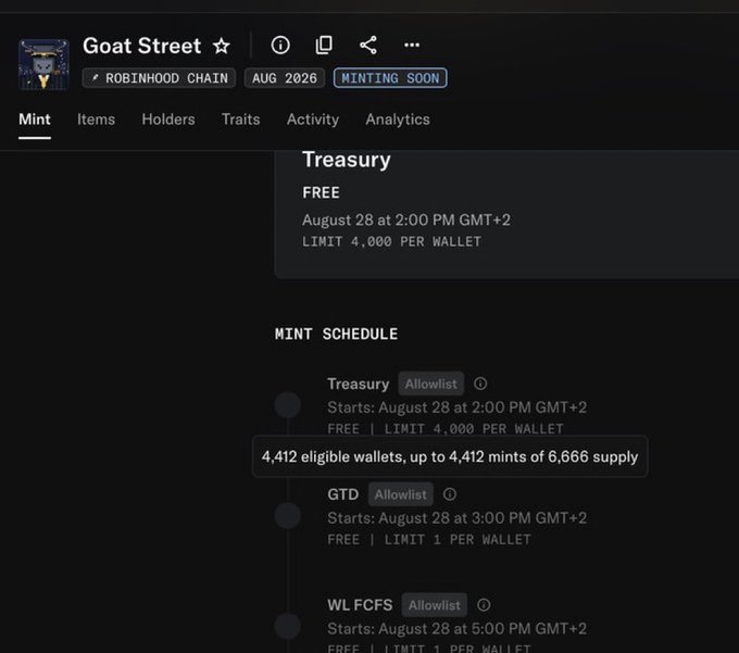 A 'Goat Street' NFT project page on Robinhood Chain showing a Treasury mint schedule starting August 28 at 2:00 PM GMT+2, free with a 4,000 per wallet limit.