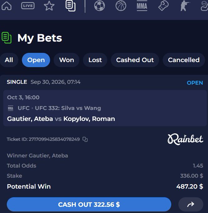 A Rainbet 'My Bets' screenshot showing an open single bet on UFC 332: Gautier/Ateba vs Kopylov/Roman with 1.45 total odds, a $336.00 stake, a potential win of $487.20, and a cash-out button at $322.56.