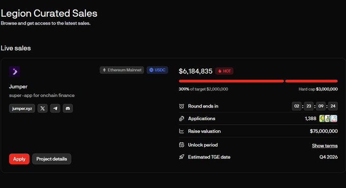 A screenshot of a 'Legion Curated Sales' webpage showing a live sale for 'Jumper', a super-app for onchain finance, with a raise valuation of $75,000,000 and a hot sale indicator.