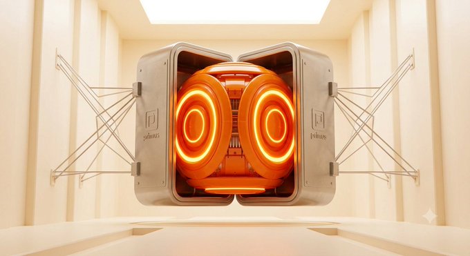 A futuristic orange and white mechanical device with glowing circular elements sits in a minimalist white room.