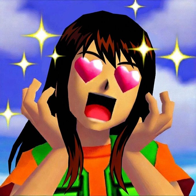A 3D animated anime-style girl with heart-shaped pink eyes and an open-mouthed excited expression, surrounded by sparkles against a blue sky background.