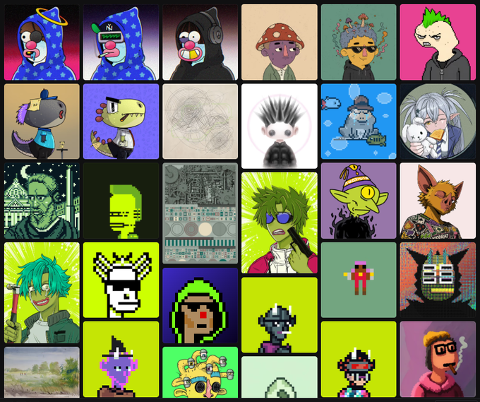 A grid collage of various digital art NFT avatars and characters, including clowns, dinosaurs, anime figures, pixel art creatures, and abstract designs in diverse art styles.