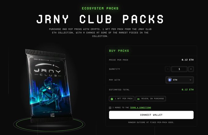 A webpage for 'JRNY CLUB PACKS' shows a futuristic card pack alongside a purchase panel for buying NFTs at '0.12 ETH' with a 'CONNECT WALLET' button.