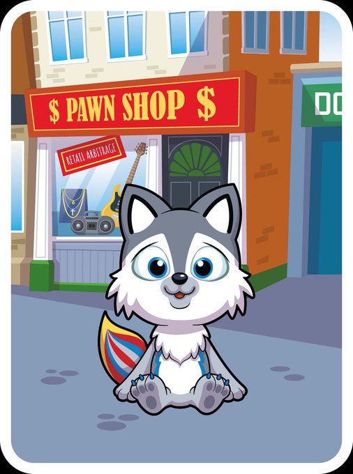A cartoon illustration of a cute gray and white husky character sitting in front of a red sign that reads 'PAWN SHOP $' with 'ACCEPT ARTIFRACT$' visible in the window.