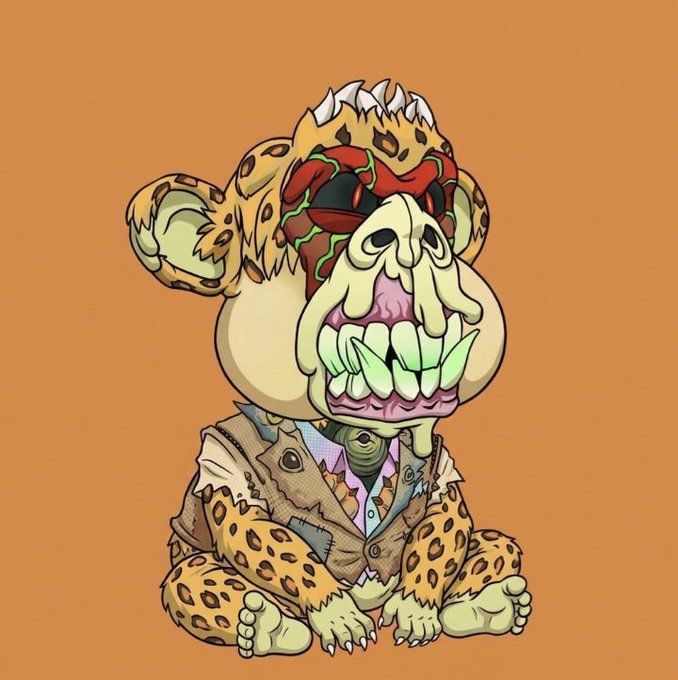 A cartoon illustration depicts a grotesque zombie-like baby wearing a leopard-print outfit and a tattered hat, featuring a brain-like exposed head, bulging eyes, and sharp teeth on an orange background.