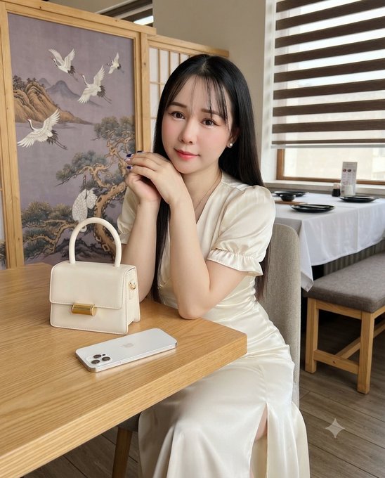 A young woman with long dark hair wearing a white dress, posing at a wooden table with a cream handbag and an iPhone in front of an Asian-style folding screen.